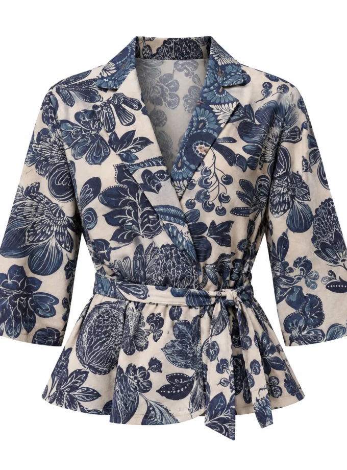 Canvas blue plece print glaze cotton blazer top with a fabric tie up belt shown alone on an invisible mannequin