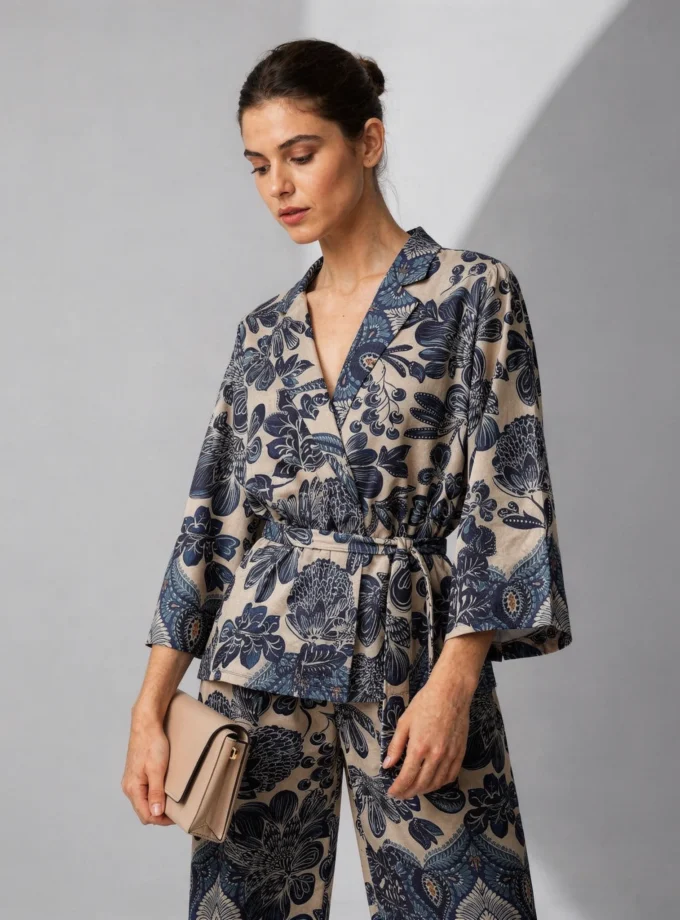 Canvas — model wearing the blue plece print glaze cotton blazer top with a fabric tie up belt and the matching plece print straight fit pant