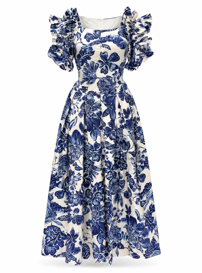 Carys plece print glaze cotton maxi dress with ruched butterfly sleeves shown alone on an invisible mannequin