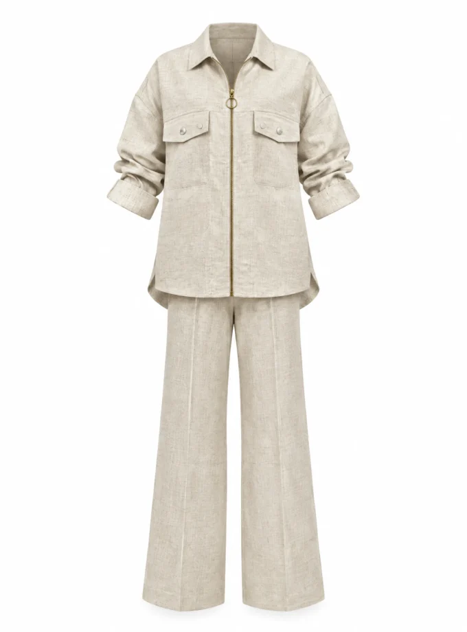 Carina dusty beige linen zipper shirt paired with the dusty beige linen straight fit pant, shown together on an invisible mannequin