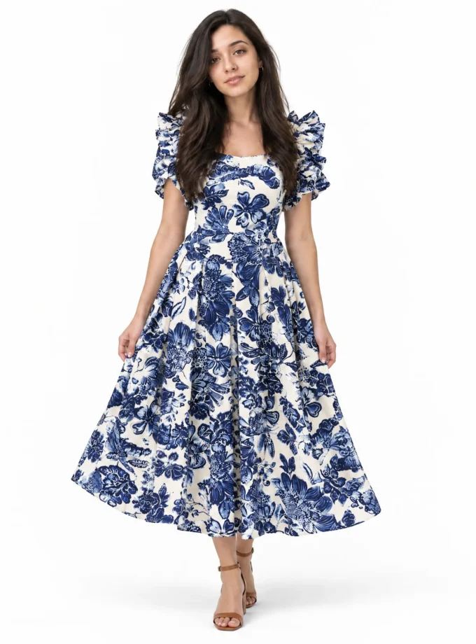 Carys - model wearing the plece print glaze cotton maxi dress with ruched butterfly sleeves