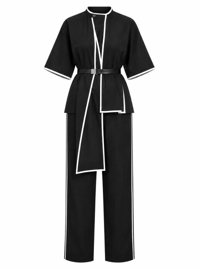 Celine black cotton collar top with white piped trim and stretch belt shown with the plain black straight fit pant on an invisible mannequin