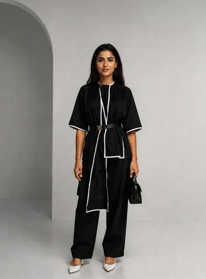 Celine — model wearing the black cotton collar top with white piped trim and stretch belt paired with the plain black straight fit pant