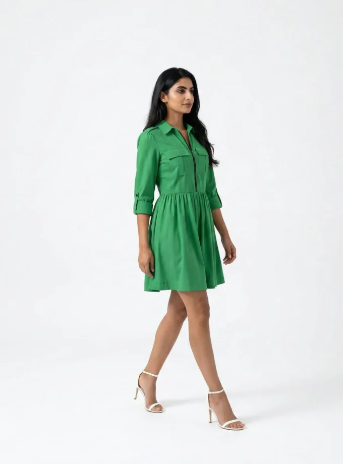 Celeste — model wearing the green cotton zipper dress with pockets