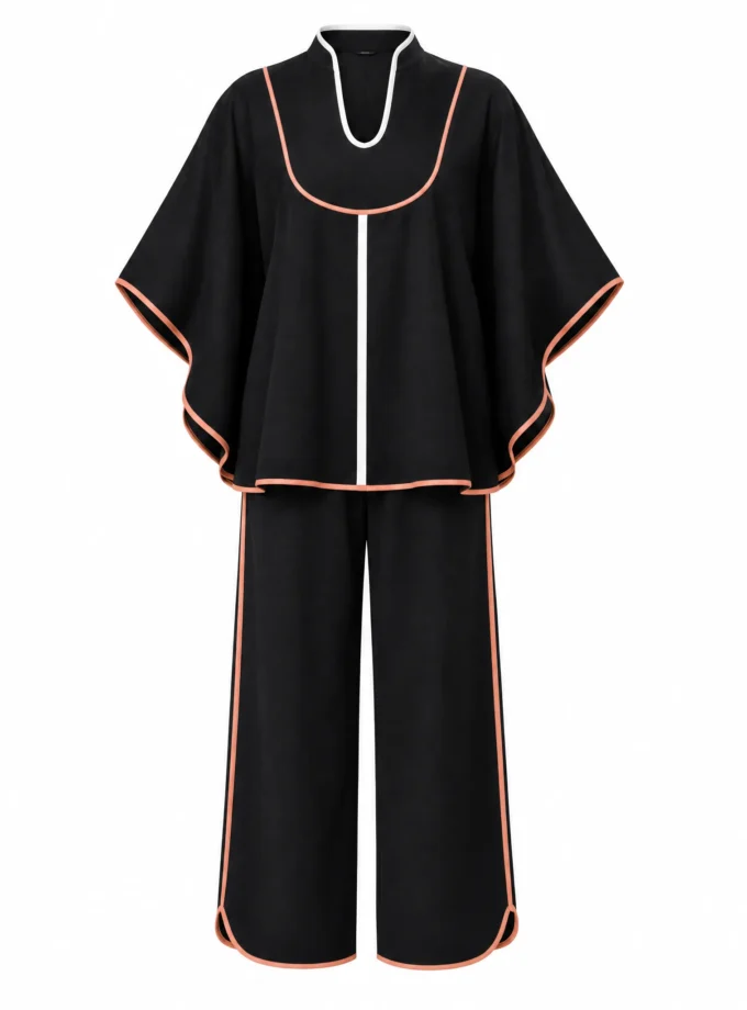 Charm black h-loom umbrella yoke top and black h-loom straight fit pant shown together on an invisible mannequin