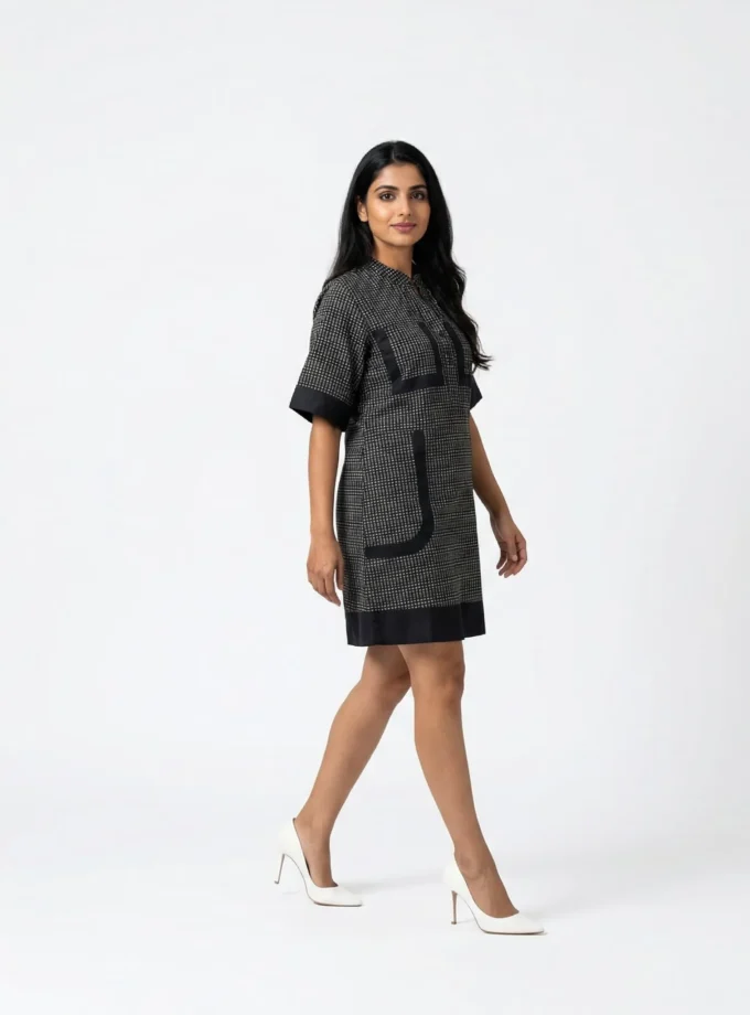Clarice — model wearing the grey and black handloom check cotton shift dress with black trim
