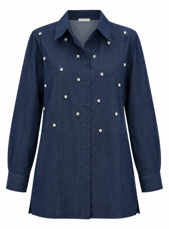 Cleo dark blue denim shirt alone on an invisible mannequin, with rhinestone studs across the front