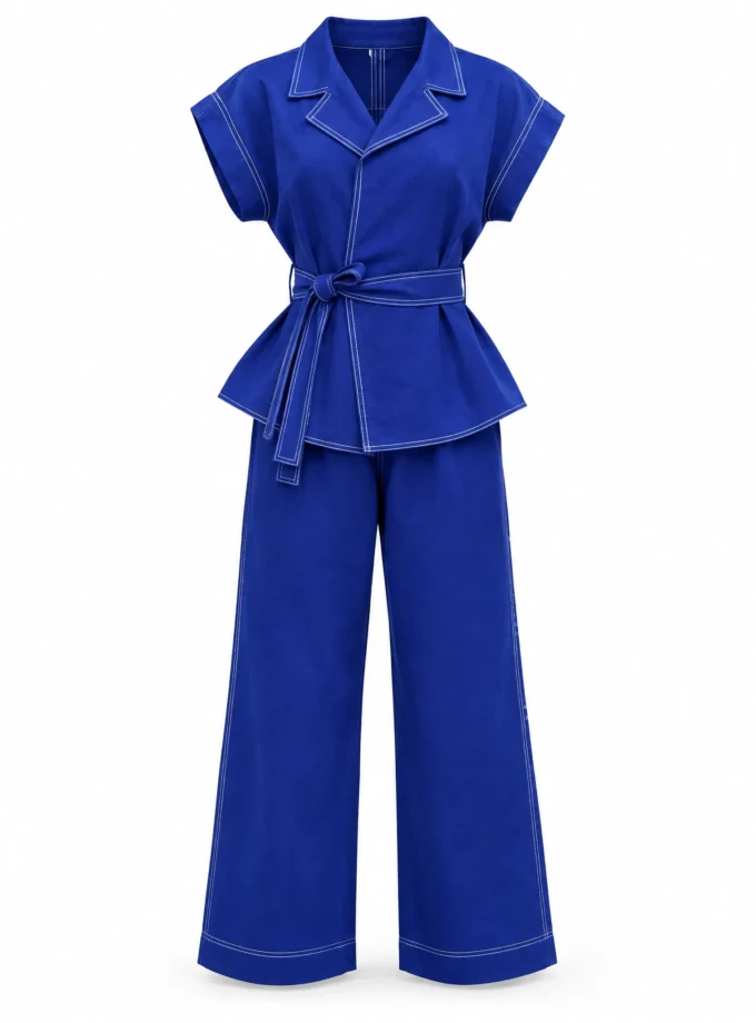 Cobalt blue overlap collar top with belt and cobalt cotton straight fit pants with Eryn stitch shown together on an invisible mannequin