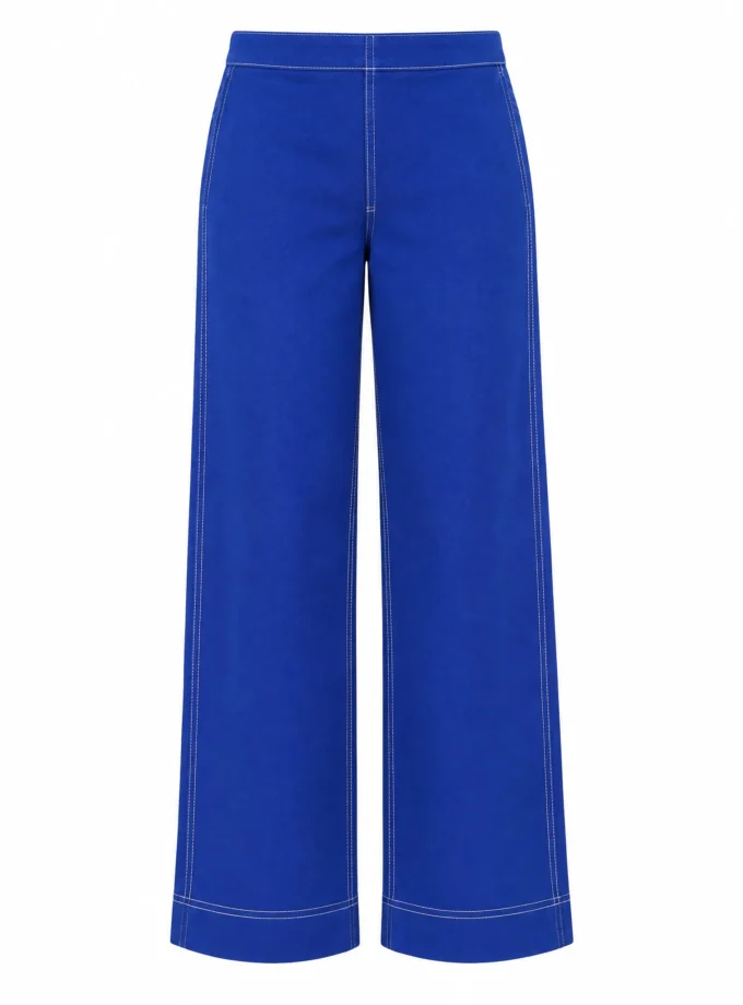 Cobalt cotton straight fit pants with Eryn stitch shown alone on an invisible mannequin