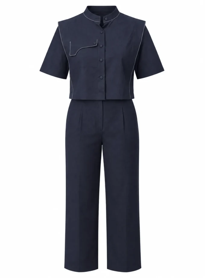 Colette navy blue cotton flap crop top and straight fit pants shown together on an invisible mannequin