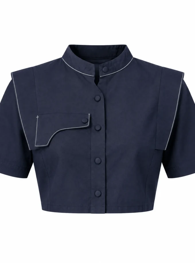 Colette navy blue cotton flap crop top shown alone on an invisible mannequin