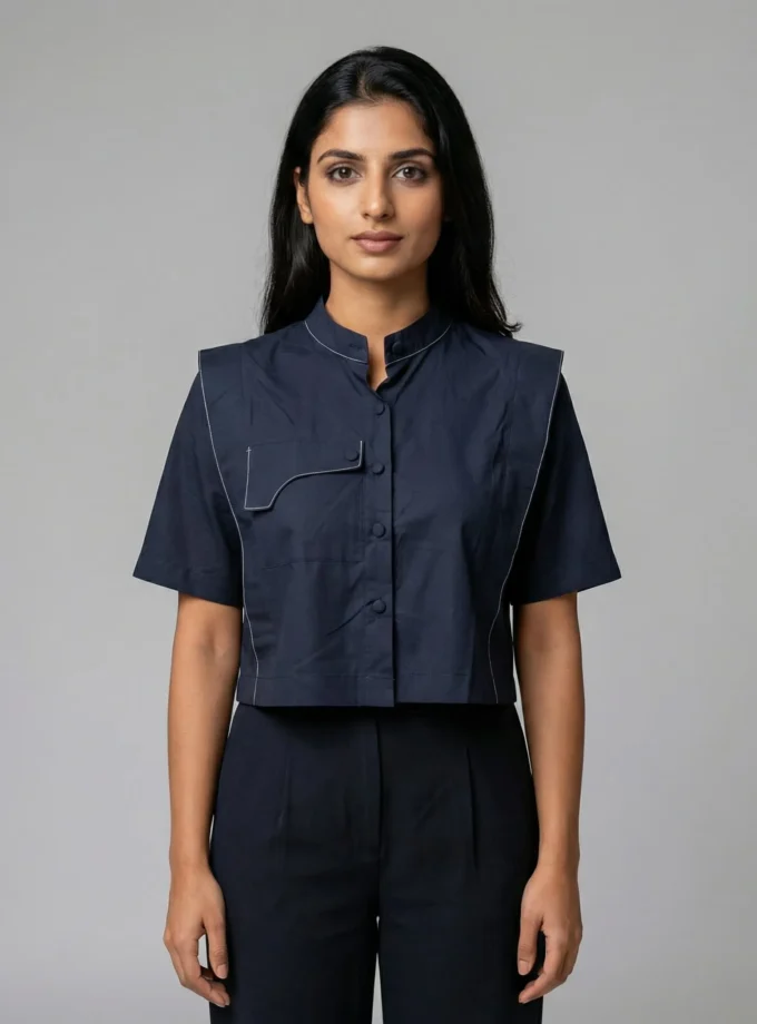 Colette — model wearing the navy blue cotton flap crop top and matching navy blue straight fit pants