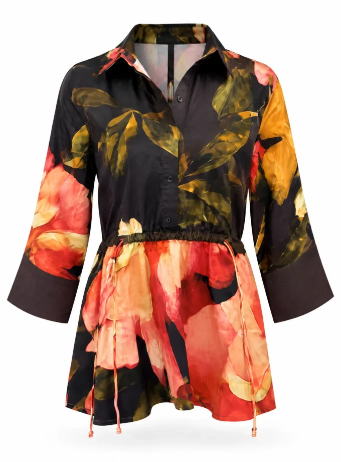 Coral old rose print glaze cotton drawstring top shown on an invisible mannequin
