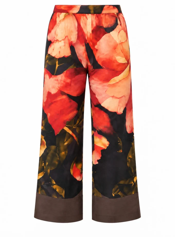 Coral old rose print glaze cotton straight pants with coffee solid hem shown alone on an invisible mannequin