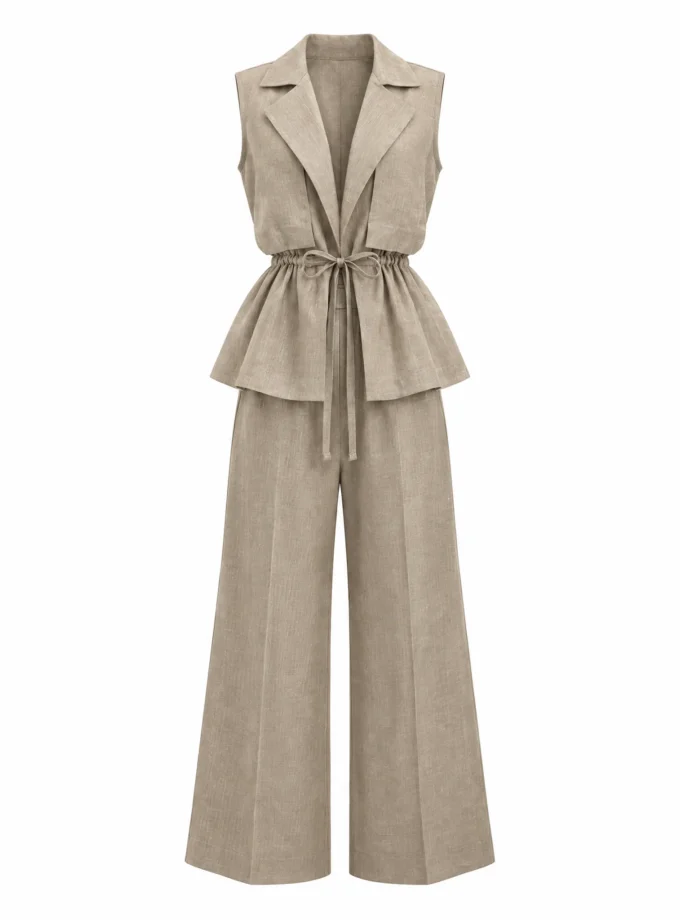 Cora brown H-loom statement collar drawstring sleeveless top with the matching straight fit pant shown together on an invisible mannequin