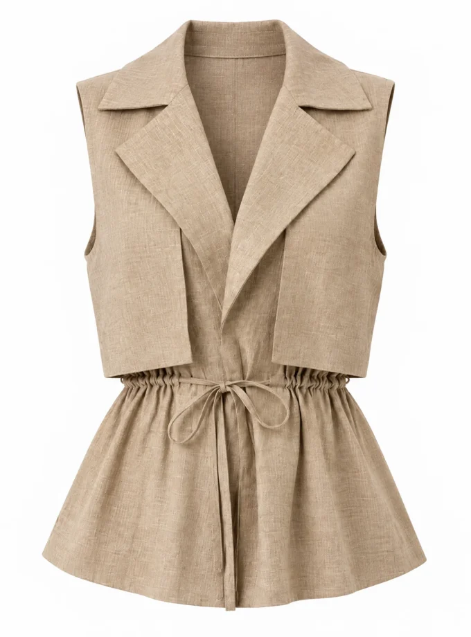 Cora brown H-loom statement collar drawstring sleeveless top shown alone on an invisible mannequin
