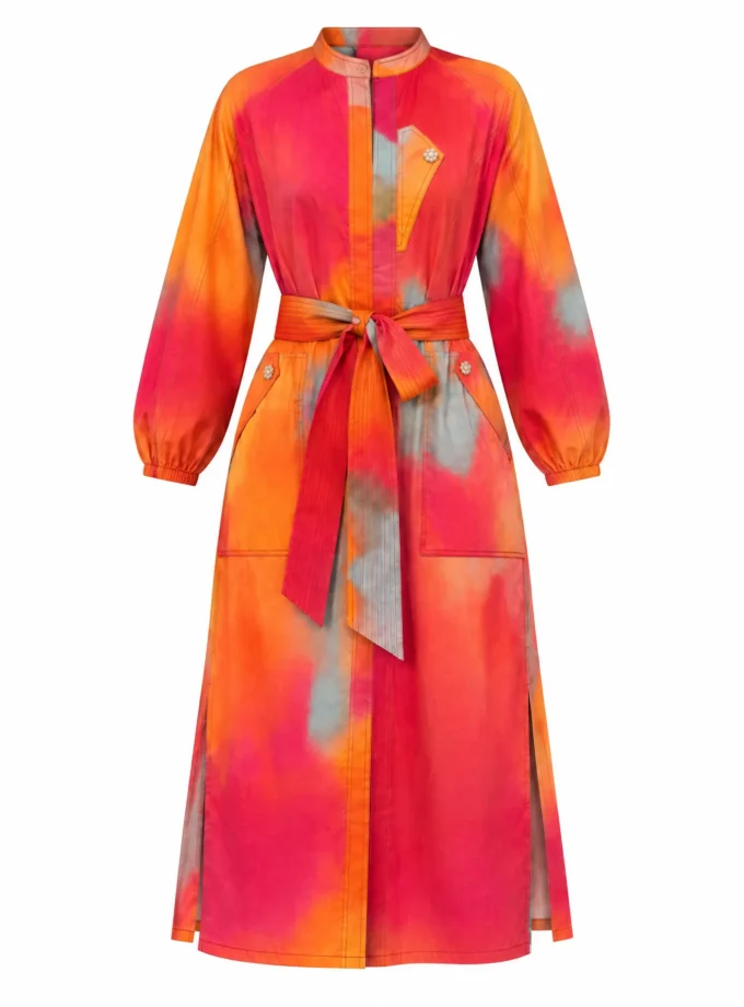 Cove water print high neck straight fit dress with Eryn stitch and a fabric tie up belt shown alone on an invisible mannequin