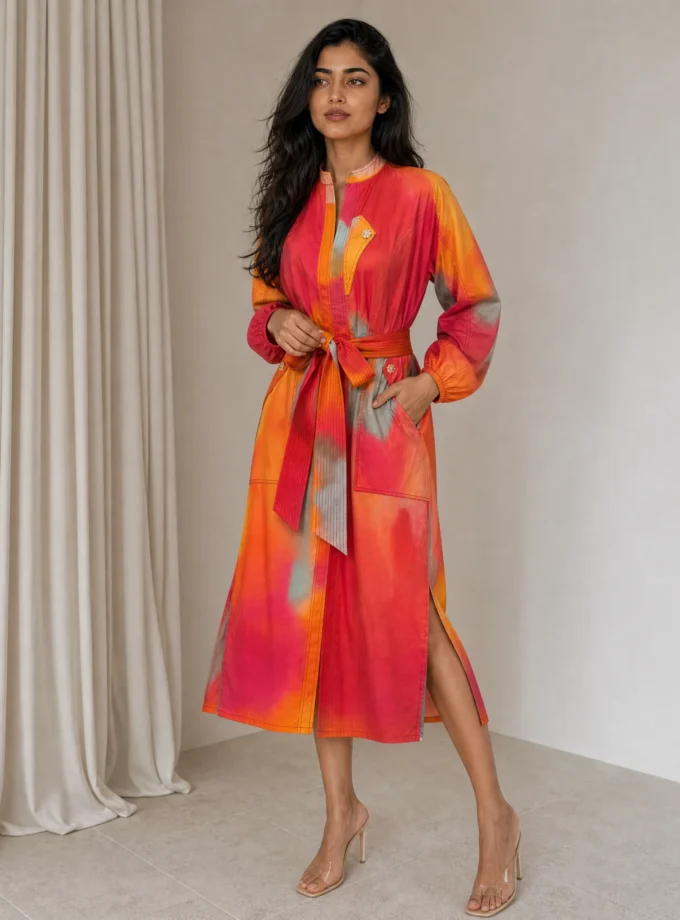 Cove — model wearing the water print high neck straight fit dress with Eryn stitch and a fabric tie up belt