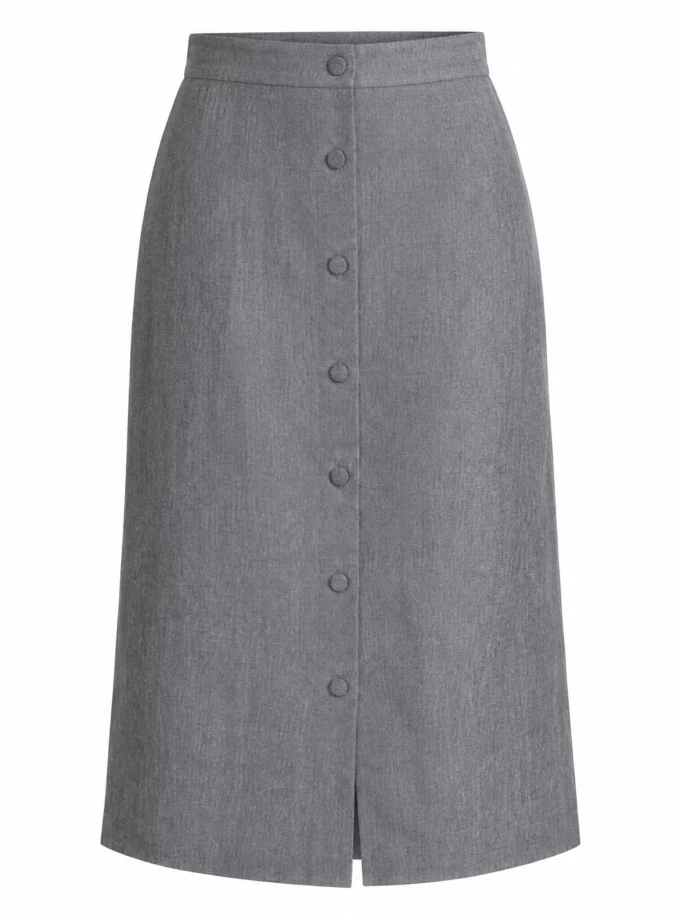 Daphne denim grey cotton S-line midi skirt with centre front button detailing shown alone on an invisible mannequin