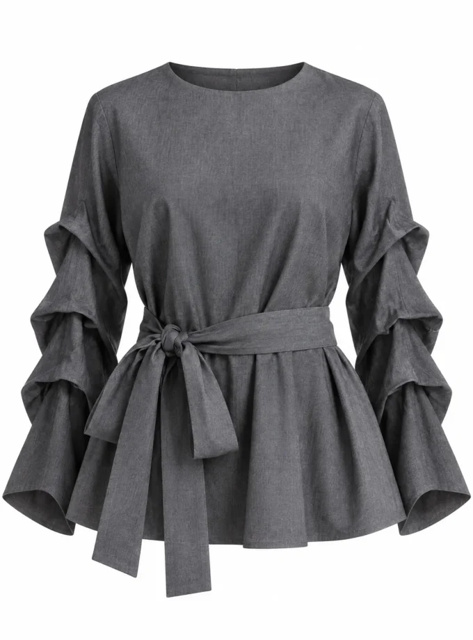 Daphne denim grey curtain sleeve high neck top with fabric tie up belt shown alone on an invisible mannequin
