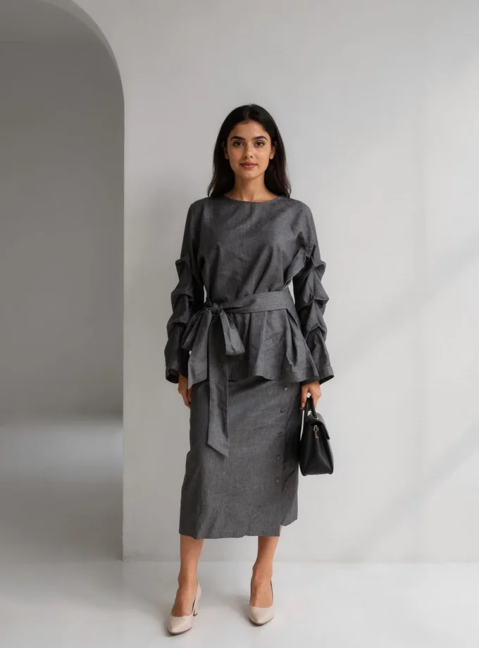 Daphne — model wearing the denim grey curtain sleeve high neck top with fabric tie up belt paired with the denim grey S-line skirt