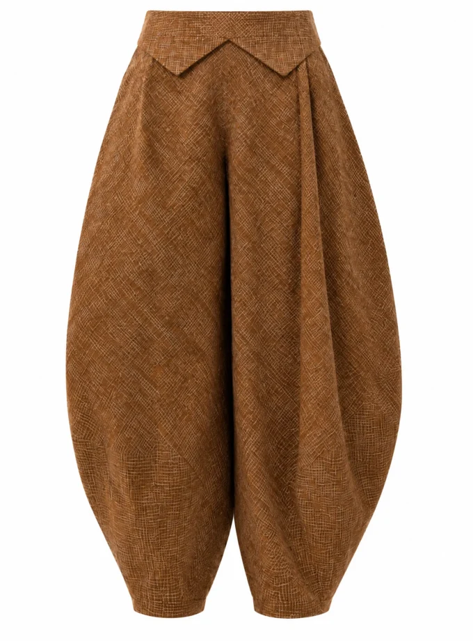 Darya brown loom cotton barrel fit pant shown alone on an invisible mannequin