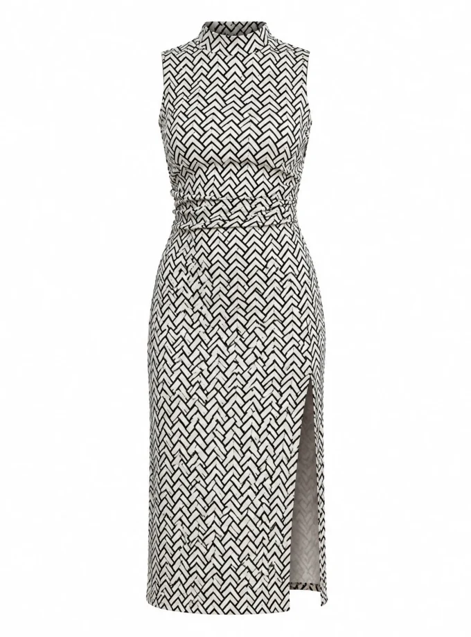 Delia monochrome stretch printed midi dress with a waist vertical elastic and a slit shown alone on an invisible mannequin