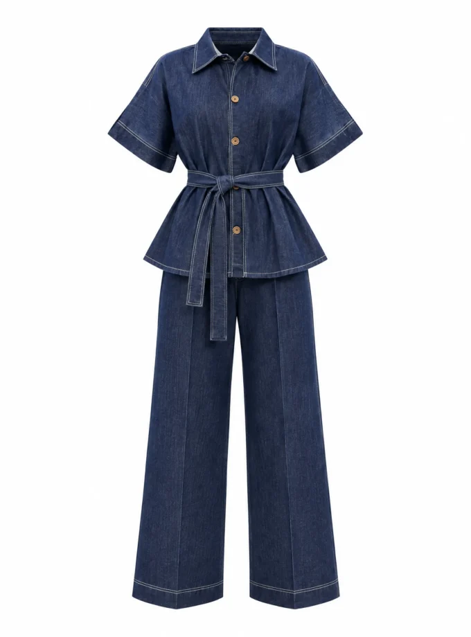 Denim dark denim blue over lap collar top with belt paired with the dark denim cotton pant with Eryn stitch, shown together on an invisible mannequin