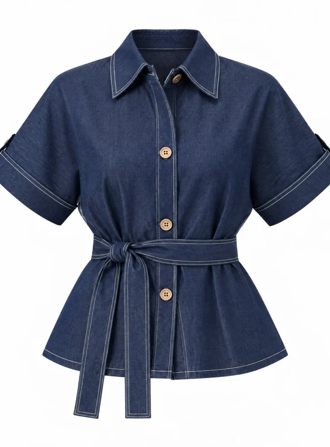 Denim dark denim blue over lap collar top with belt shown alone on an invisible mannequin