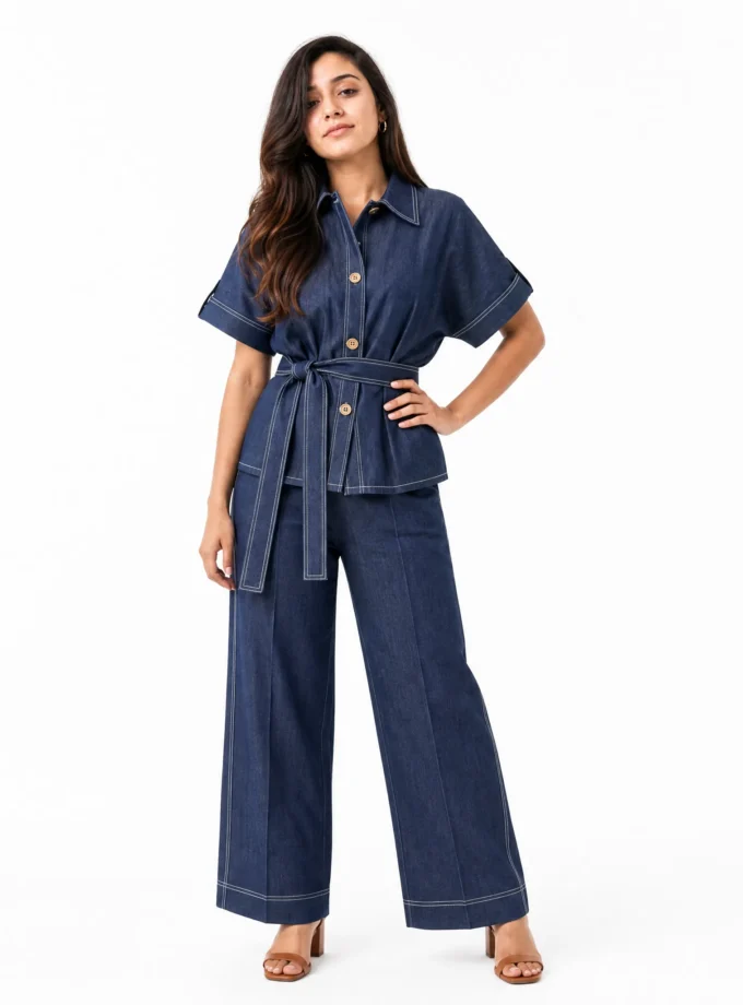 Denim — model wearing the dark denim blue over lap collar top with belt and the dark denim cotton pant with Eryn stitch