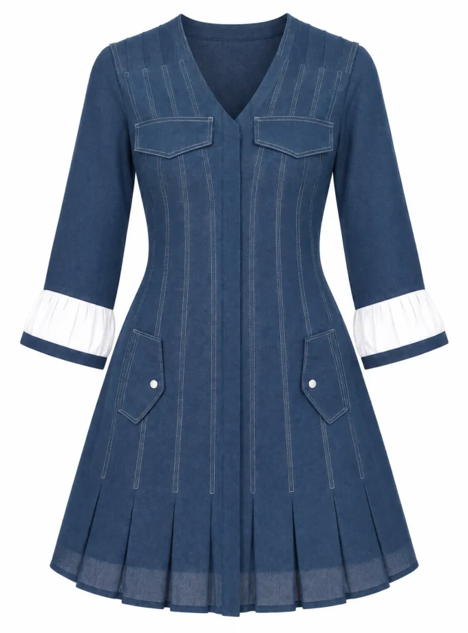 Echo A line panel dress with white contrast cuffs and flap pocket detailing shown alone on an invisible mannequin