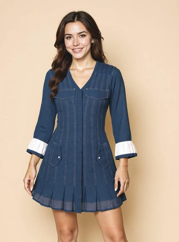Echo — model wearing the A line panel dress with white contrast cuffs and flap shoulder detailing