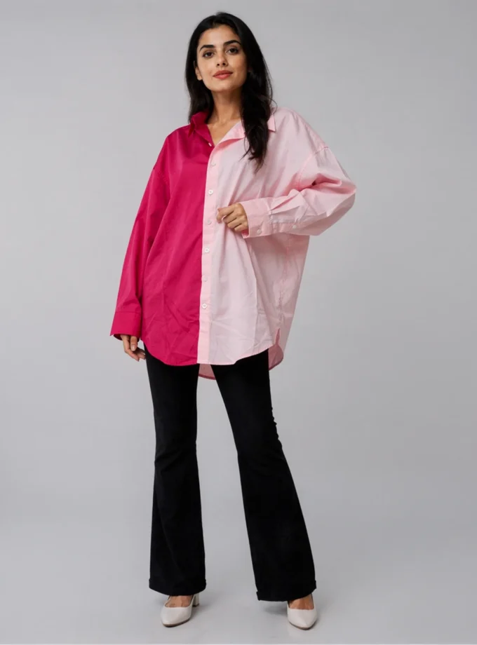 Eden — model wearing the light pink and fuschia pink 50-50 oversize shirt