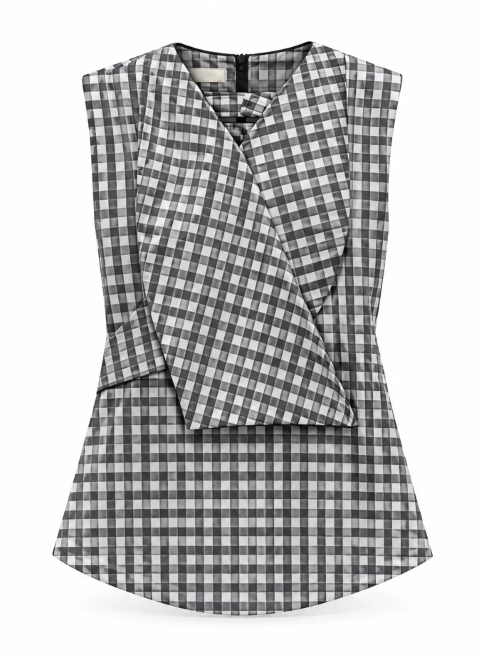 Elina monochrome checkered faux stole sleeveless top and monochrome checkered straight fit pant shown together on an invisible mannequin