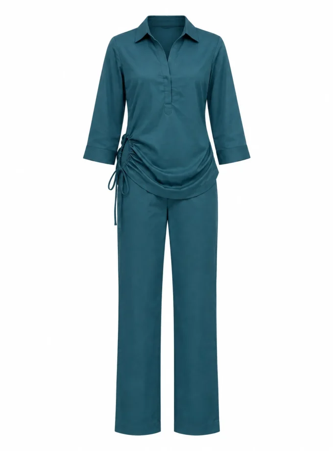 Elise teal cotton mandarin shirt and straight fit pants shown together on an invisible mannequin
