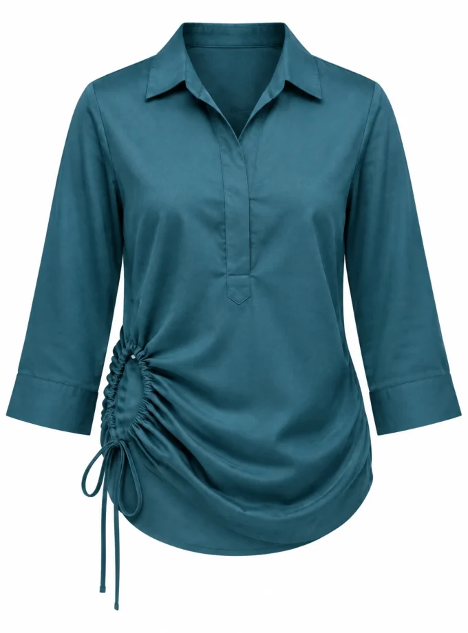 Elise teal cotton mandarin button down shirt with a hollow hem shown alone on an invisible mannequin