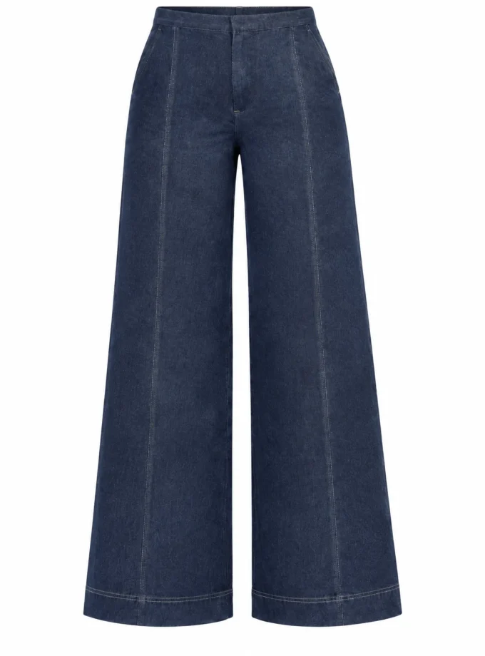 Elora dark denim straight fit pant with Eryn stitch shown alone on an invisible mannequin