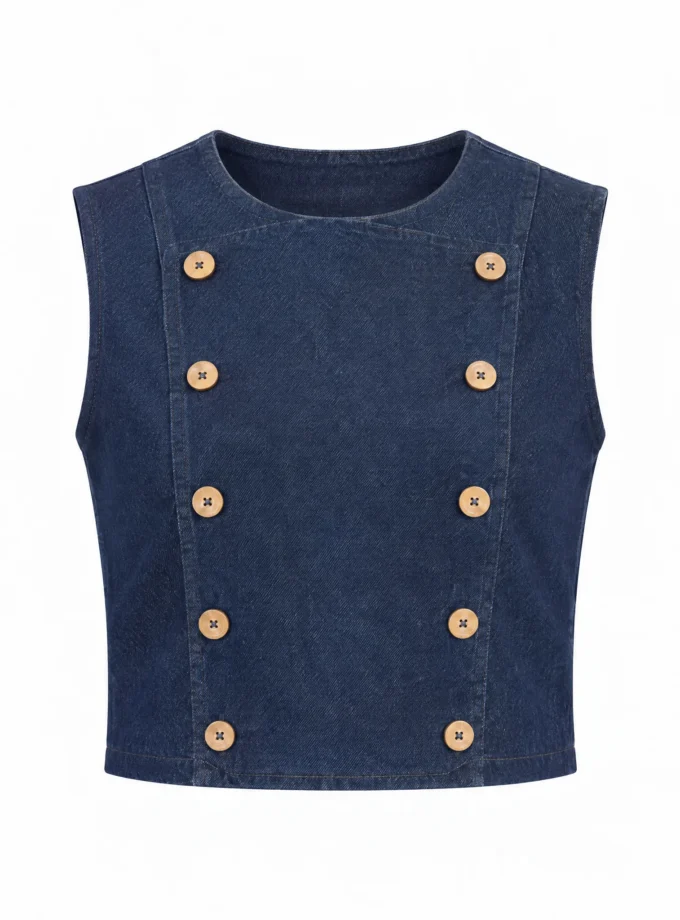 Elora dark denim crop sleeveless top with wooden buttons shown alone on an invisible mannequin