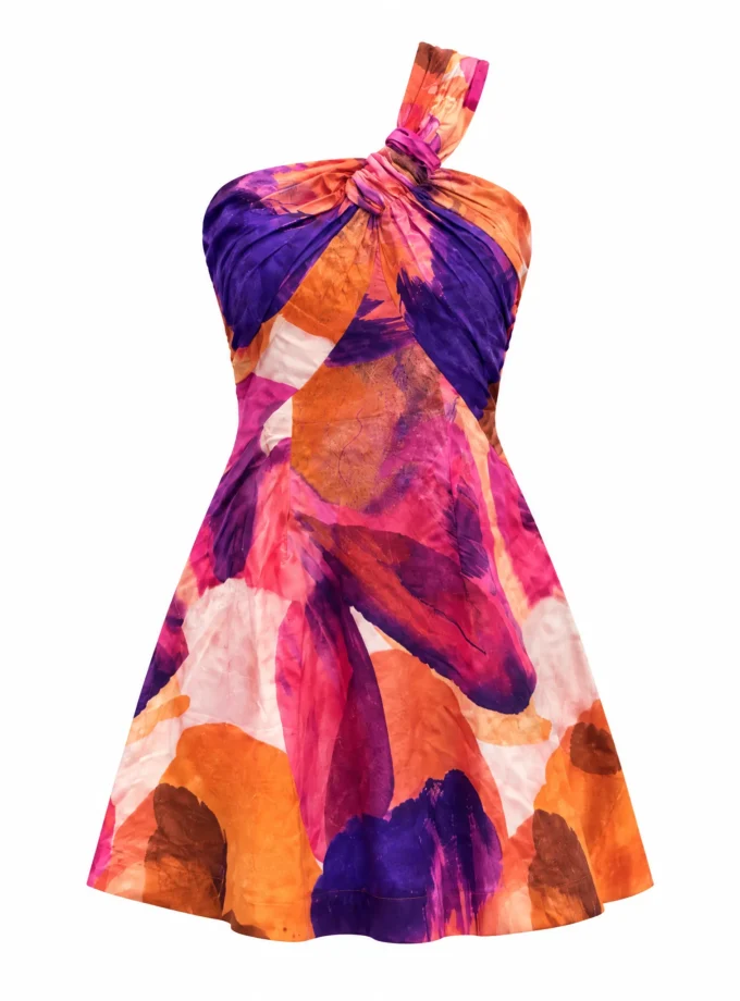 Elowen yam print glaze cotton one shoulder short dress shown alone on an invisible mannequin