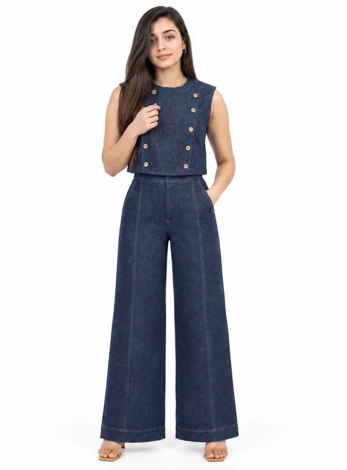 Elora - model wearing the dark denim crop sleeveless top with wooden button detailing and the dark denim straight fit pant with Eryn stitch