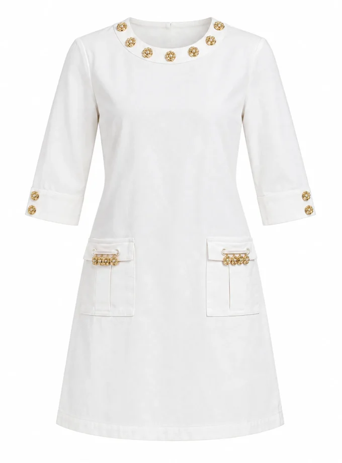 Esme white denim A-line dress with gold beaded neckline and gold pocket detailing shown alone on an invisible mannequin