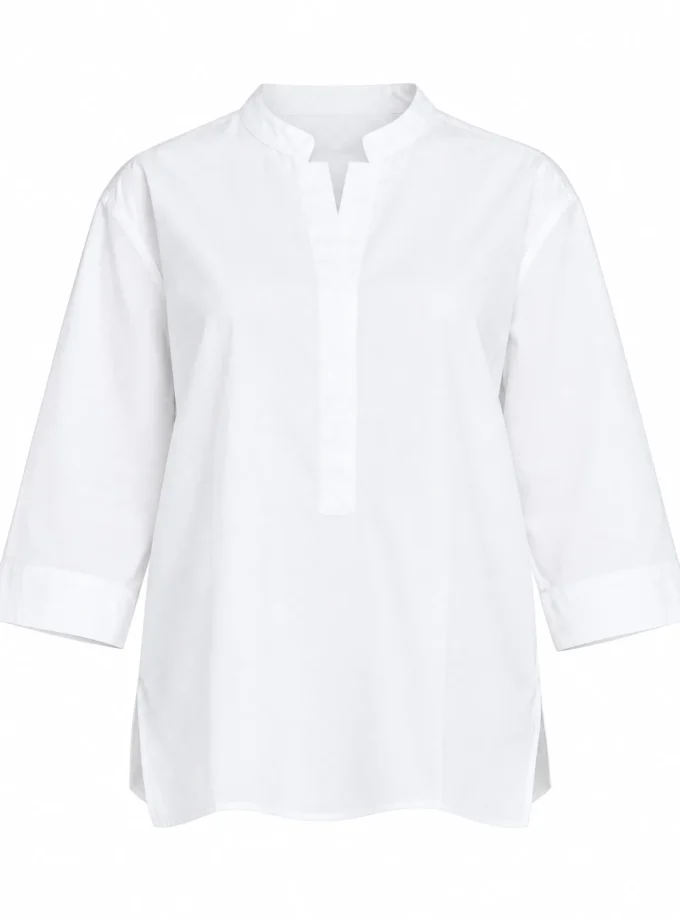 Estelle white cotton mandarin button down shirt with a hollow hem shown alone on an invisible mannequin