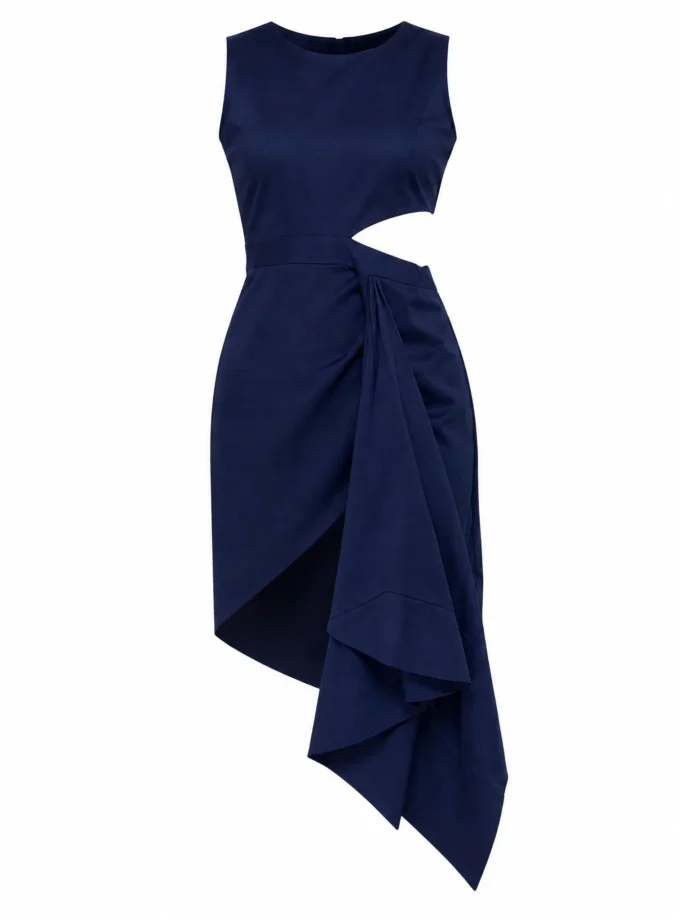 Evie navy cotton asymmetric dress with cutout waist detailing and pointed asymmetric hem shown alone on an invisible mannequin