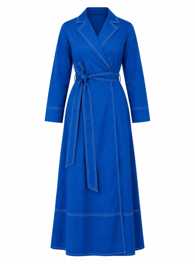 Fable electric blue cotton maxi dress with double collar detailing and fabric belt shown alone on an invisible mannequin