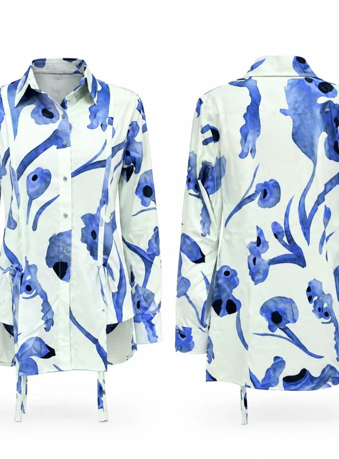 Fawn dotty print glaze cotton high low panel shirt shown alone on an invisible mannequin