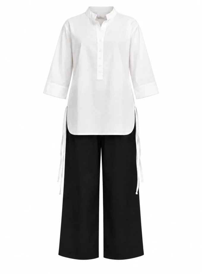 Faye white cotton mandarin shirt and black cotton wide leg pants shown together on an invisible mannequin