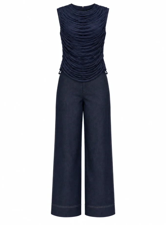 Fiorella dark denim crop sleeveless top with loose tassel loop detailing shown together with the dark denim straight fit pant on an invisible mannequin