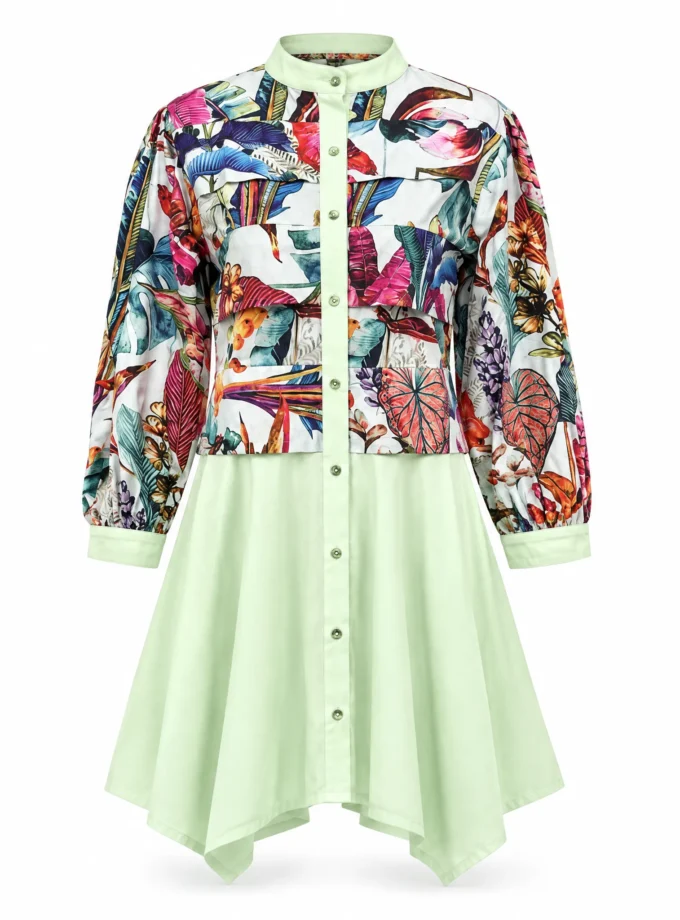 Flora pastel green and multi print glaze cotton closed neck button down flat pleat shirt with balloon sleeves shown alone