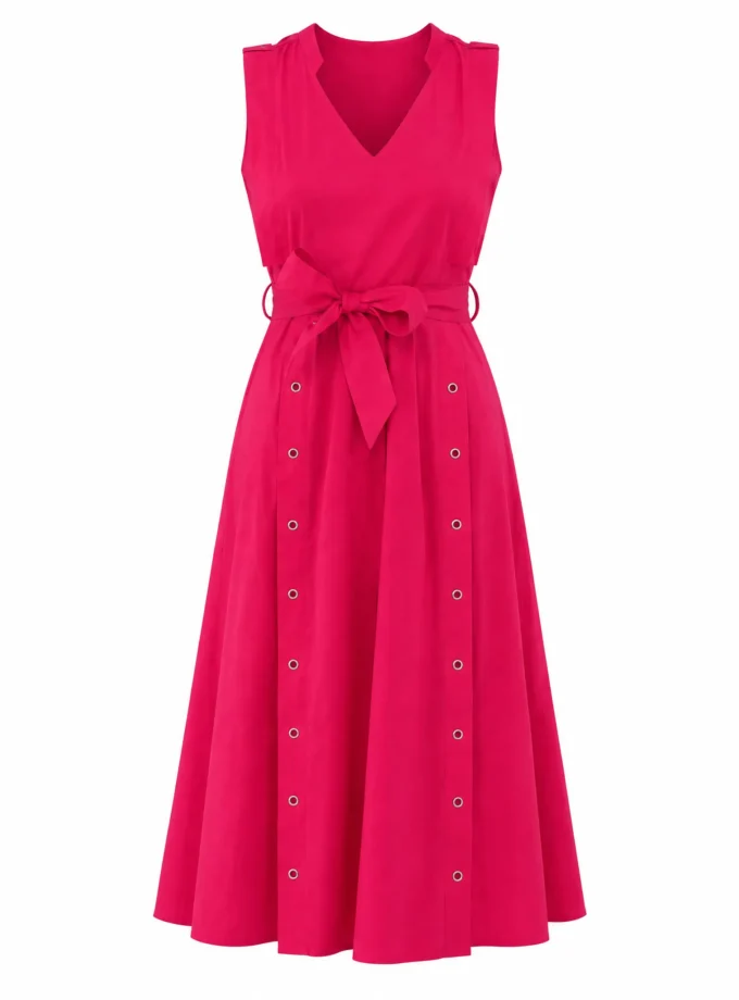 Freya fuchsia pink sleeveless flap shoulder dress alone on an invisible mannequin, with belt loop detailing and a self-tie waistbelt