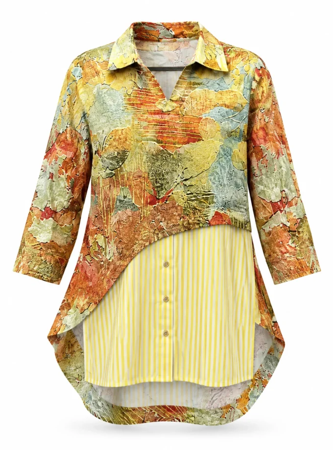 Garnet digi print glaze cotton shirt with yellow stripe base shown alone on an invisible mannequin